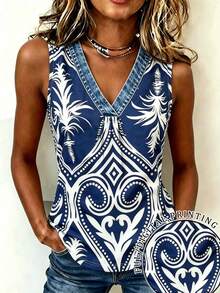 - Top de Mujer de Corte Regular con Estampado Efecto Denim, Bloques de Color y Adornos de Pedrería, Nueva Colección - Color caoba - Ver 8