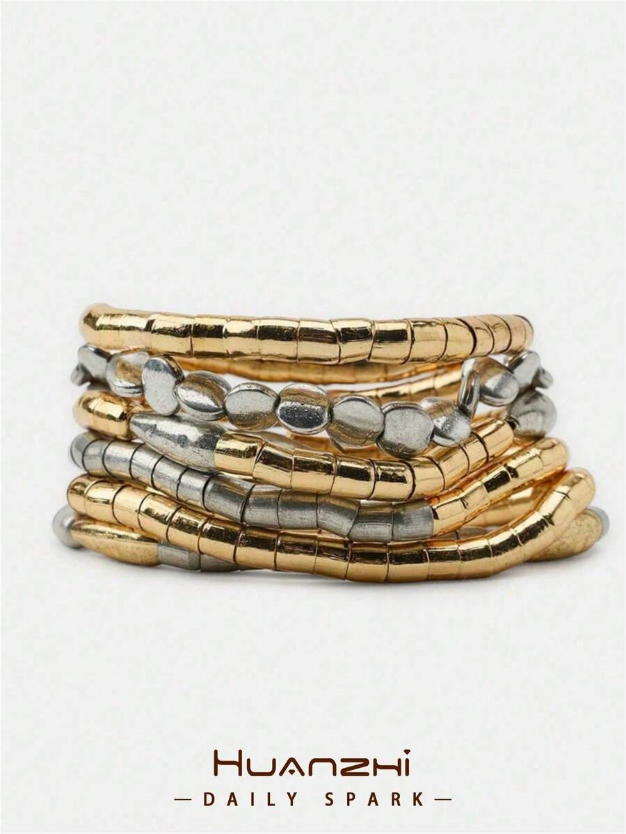 5pcs/Set European And American Style Gold And Silver Color Patchwork Elastic Rope Bracelet, Minimalist INS Style Fashion Bracelet Set, Suitable For Women's Daily Wear - Multicolor - View 1