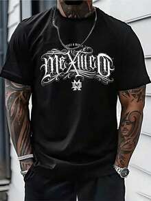 Artistic Mexican Lettering With Curved Strokes, National Pride, And Urban Spirit. Comfortable Men's Casual T-Shirt For Everyday Wear And Modern Looks. - 黑色 - 查看 1
