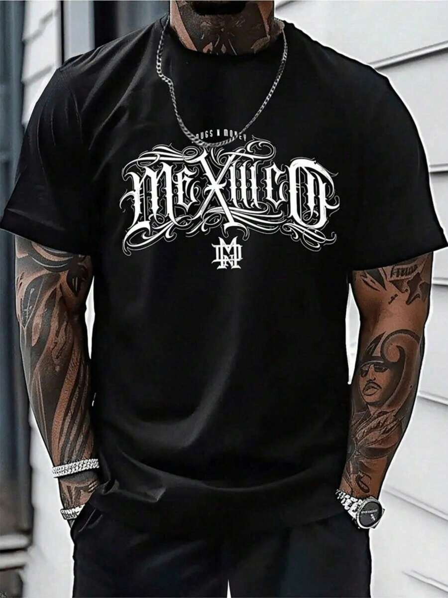 Artistic Mexican Lettering With Curved Strokes, National Pride, And Urban Spirit. Comfortable Men's Casual T-Shirt For Everyday Wear And Modern Looks. - 黑色 - 查看 1