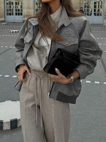 Autumn/Winter High-End Herringbone Flap Pocket Stand Collar Vintage Style Daily Commute Slimming Jacket - Black - View 5
