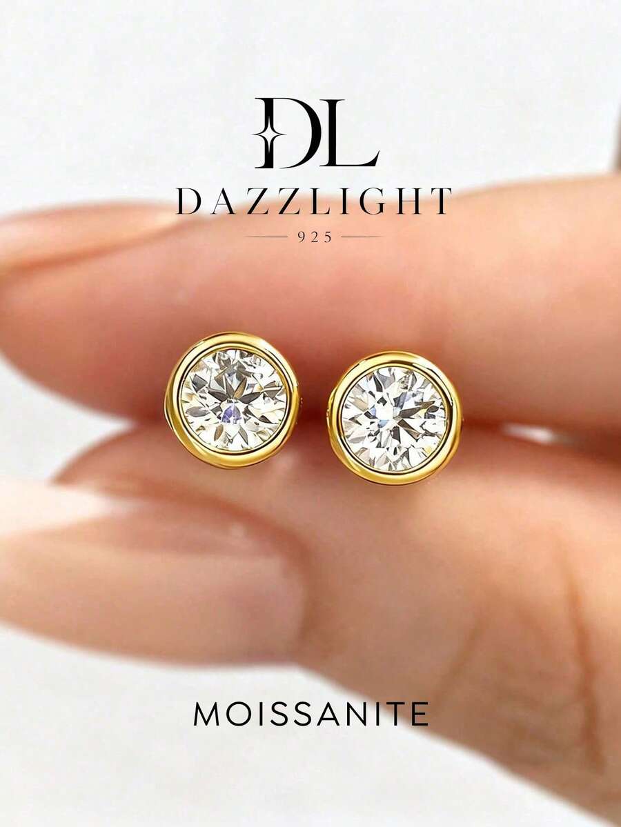 1 Pair 0.5-1 Carat Round Moissanite Bezel-Set Wedding Engagement Stud Earrings, 925 Sterling Silver, Minimalist Fashion Women's Earrings, Exquisite Women's Jewelry Gift, Suitable For Christmas And Dates - Round Moissanite Earrings - View 1