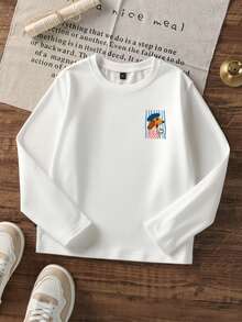 Girls White Round Neck Long Sleeve T-Shirt, Cute French Dachshund Coffee Cartoon Back Print, Loose Casual Autumn Top, Suitable For Teenage Girls - White - View 4