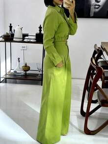 Setelan 2 Potong Wanita Minimalis untuk Sehari-hari, Elegan, Kasual, Warna Polos, untuk Musim Semi/Gugur - Lime Green - View 4