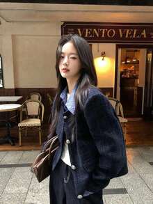 Contrast Plaid Collar Button-Front Jacket, Long Sleeve Shirt-Style Coat With Decorative Pockets, Textured Fabric, Navy Blue Elegant Autumn/Winter Coat - Navy Blue - View 3