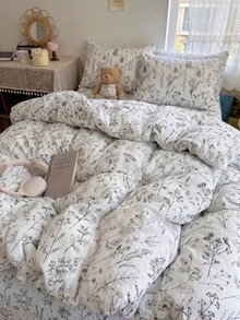 Juego de ropa de cama con funda nórdica de 2/3 piezas con patrón de flores silvestres de línea blanca, suave, transpirable y resistente a las arrugas, ayuda a dormir, estilo de hotel de lujo, regalo para padres y amigos, funda nórdica reversible*1 funda de almohada*1/2, tamaño King/Queen/Full/Twin - Blanco y Negro - Ver 5