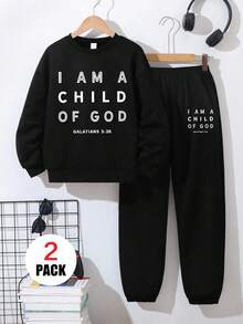 2pcs/Set Boys Casual Crew Neck Sweatshirt And Sweatpants Set, Comfortable And Soft, With Slogan Graphic, Suitable For Autumn/Winter Wear - Black - View 1
