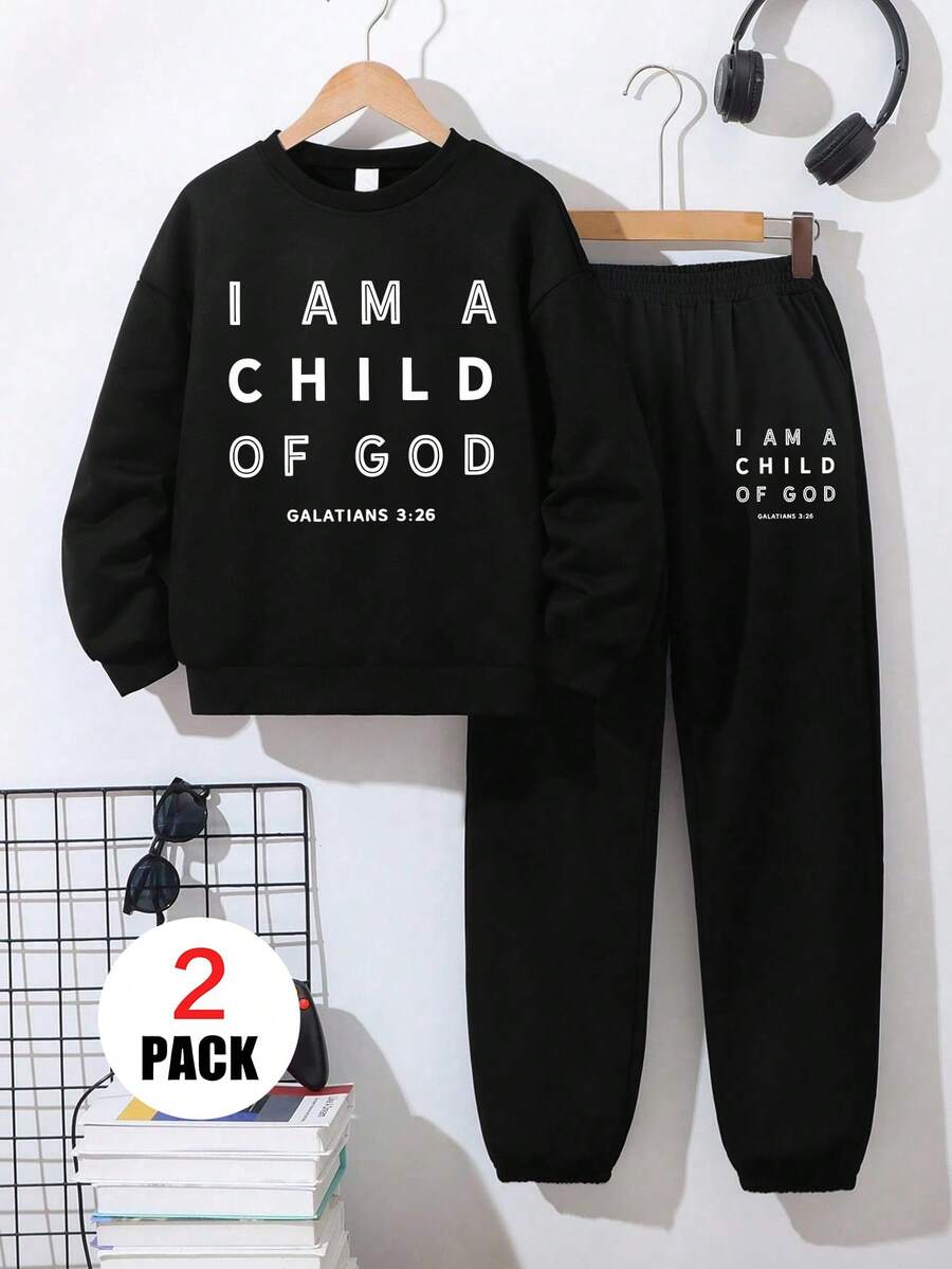 2pcs/Set Boys Casual Crew Neck Sweatshirt And Sweatpants Set, Comfortable And Soft, With Slogan Graphic, Suitable For Autumn/Winter Wear - Black - View 1