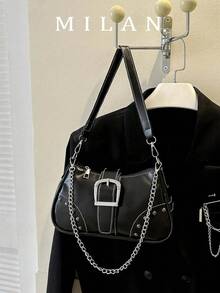 1pc Women's Vintage Mad Max Punk Wanderer Motorcycle Bag, Rivet Decor, Adjustable Shoulder Strap, Large Capacity Soft Faux Oil Wax Gradient Leather Shoulder Bag, Underarm Bag, Baguette Bag, Square Bag, Suitable For Work, Commute, Dating, Party - Black - View 1