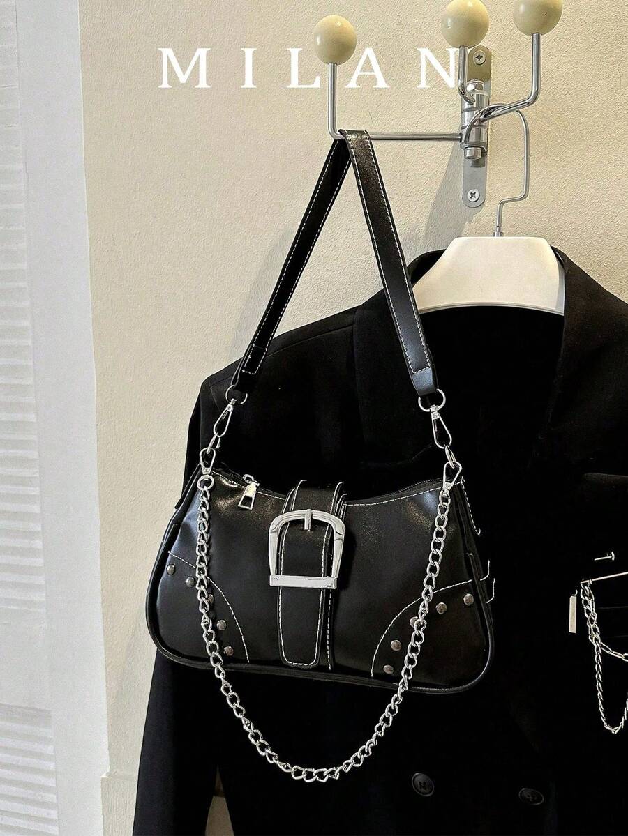 1pc Women's Vintage Mad Max Punk Wanderer Motorcycle Bag, Rivet Decor, Adjustable Shoulder Strap, Large Capacity Soft Faux Oil Wax Gradient Leather Shoulder Bag, Underarm Bag, Baguette Bag, Square Bag, Suitable For Work, Commute, Dating, Party - Black - View 1