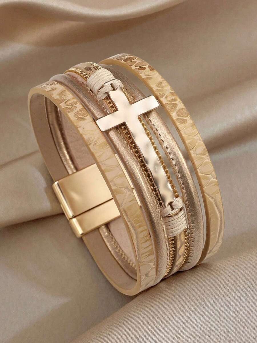 1 pieza Pulsera envolvente de cuero PU vintage con capas y colgante de cruz, estilo bohemio minimalista unisex, para uso diario/verano/fiesta, regalo para mamá, San Valentín y cumpleaños - Multicolor - Ver 1