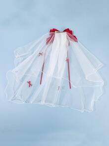 1pc Romantic Elegant Fashion Bridal Red Bow Mesh Ribbon Hair Clip - Red and White - View 3