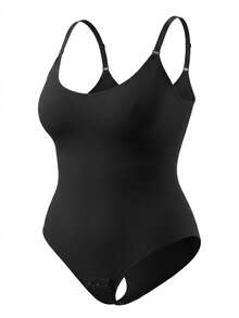 1pc Plus Size Ribbed Seamless Tummy Control Shaping Bodysuit, Round Neck Racerback Adjustable Spaghetti Strap Shapewear, High Elasticity Skin-Friendly Smooth Back-Smoothing Light Compression Shaping Top, All-Day Comfortable Plus Size Women's Shapewear, Suitable For Daily Layering, Commuting, Street Casual And Fitness - Black - View 7