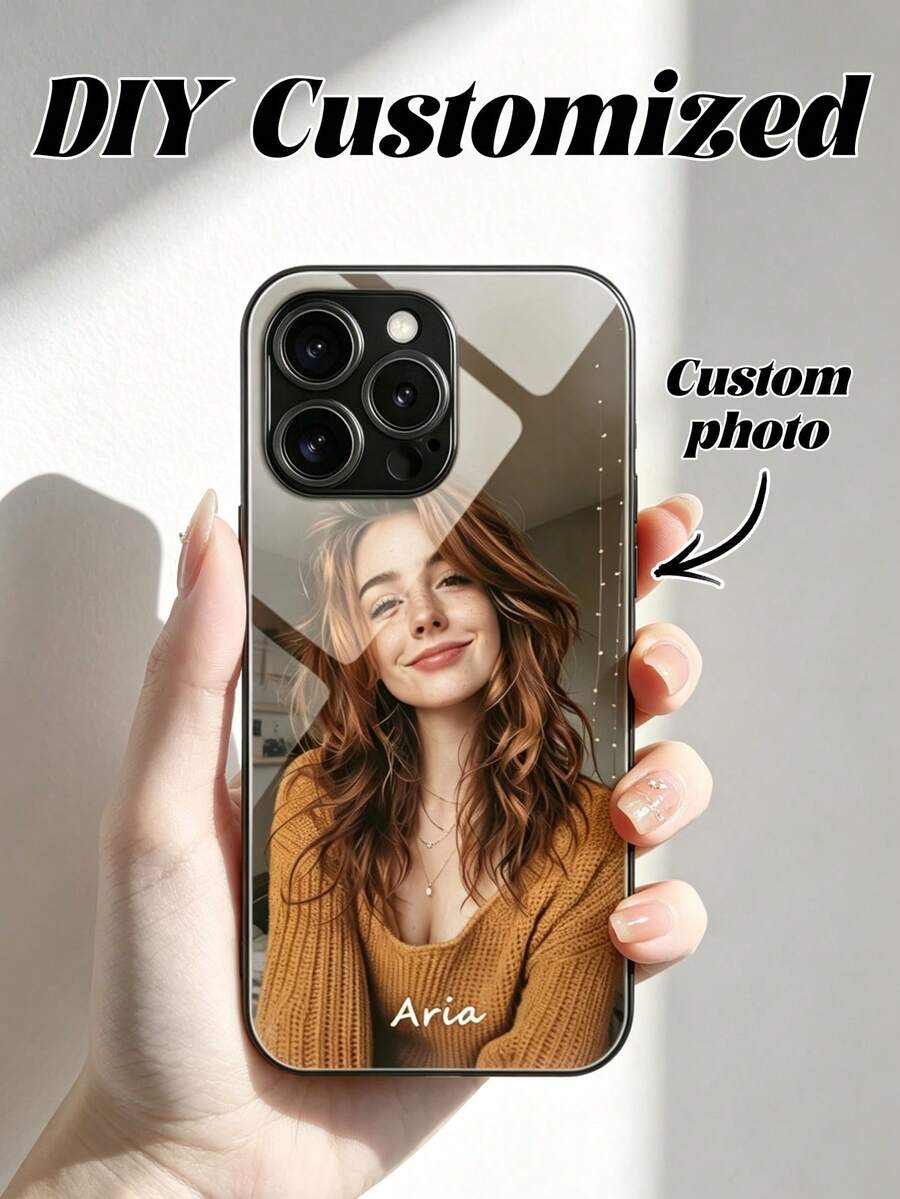 1 Personalized Custom Photo And Name Glass Phone Case Compatible With Apple 15 Pro Max/17 Pro Max/Air/16 Pro Max/18 Pro Max, S24 Ultra/ And Other Models - Black - View 1
