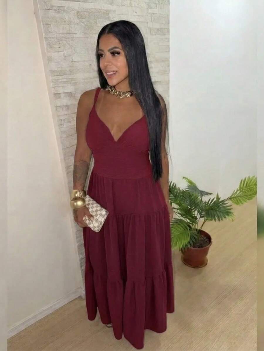 Women's Duna Ruffled Maxi Dress With Built-In Bra - Elegance, Lightness And Perfect Drape. - Redwood - View 1