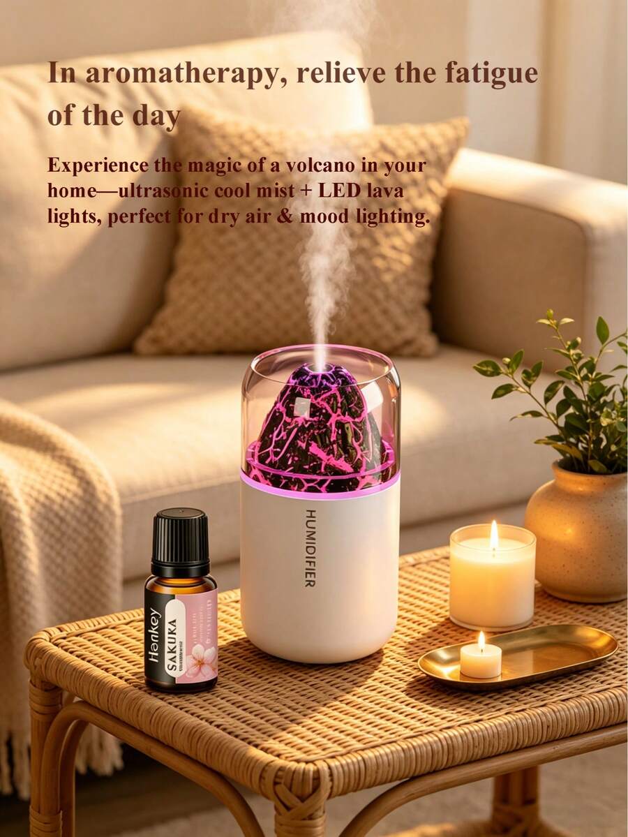Volcanic Rock Effect Humidifier & Essential Oil Diffuser, With Color-Changing Ambient Light, Quiet Air Humidifier For Home, Bedroom, Bathroom, Hotel, Office, Home Decor Gift, High-End Aesthetic Home Decoration - Cylindrical - View 1