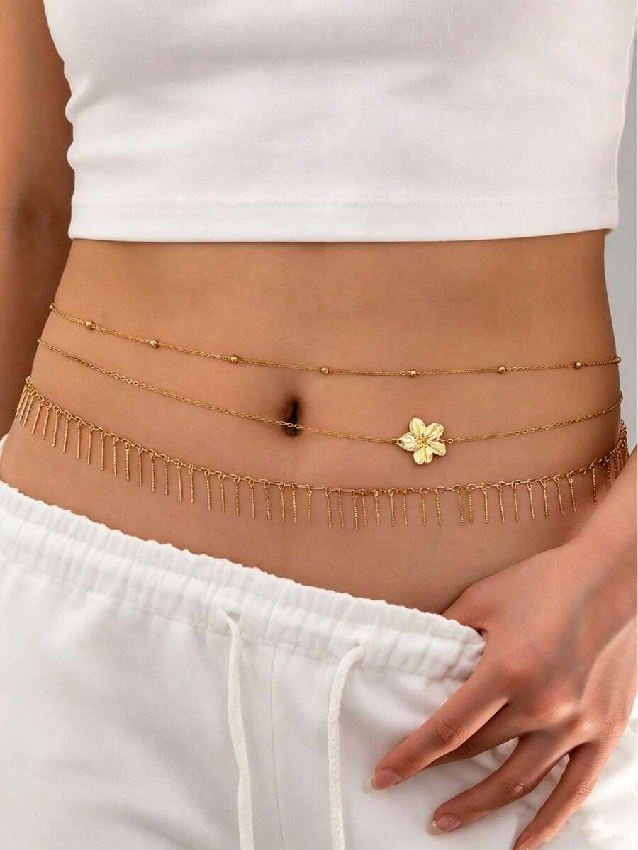3股簡約線條流蘇性感女款腰鍊,花朵吊墜,適合日常、度假、海灘、野餐穿著 - 金黃色 - 查看 1