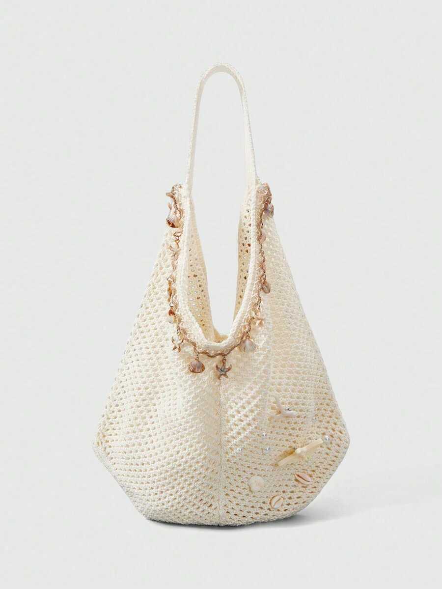 ROMWEFairycore1SetBolsaDeManoDePlayaTejidaBeigeYAccesorios,BolsaDeManoDeMujerDeEstiloResortDePlayaPersonalizadaYDeModa( - borde de flor de estrella de mar beige - Ver 1
