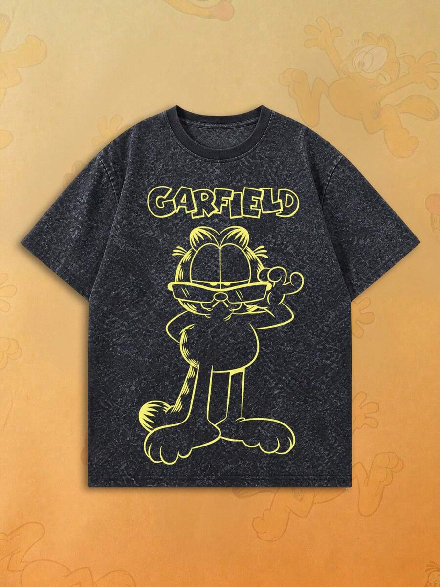SHEIN | Garfield 女款水洗灰色T恤,街頭休閒風,黑色夏季女孩款 - 黑色 - 查看 1