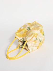 1pc Yellow 3D Applique Mesh Embroidered Floral Pattern Bucket Bag Women's Handbag Premium Versatile Handheld Wing Bag Fashion Personalized Multi-Functional Multi-Shape Bag Romantic Wedding Season Bridal Bag Suitable For Vacation Style Beach Travel Casual Party Vacation Atmosphere Bag (Floral Pattern Randomly Cropped And Distributed) - Yellow - View 7