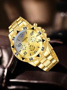 4PCS Men's Quartz Watch Bracelet Necklace Ring Jewelry Set, Business Casual Minimalist Three-Dial Watch, Suitable For Daily Wear, Party Decoration, Father's Day, Graduation Season And Various Festival Gifts For Friends And Father - Gold - View 3