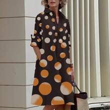 Simple Mid-Length Dress With Sleeves And A European And American Style Print. - 黃色 - 查看 1