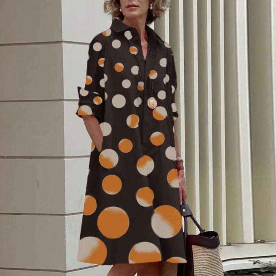 Simple Mid-Length Dress With Sleeves And A European And American Style Print. - 黃色 - 查看 1