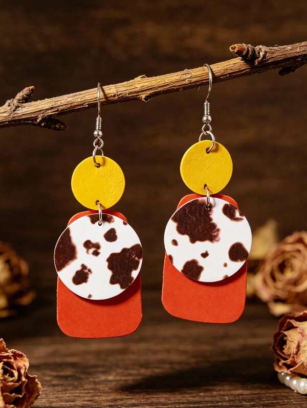 1 Pair American Western Style Color Block Cow Print Earrings, Orange-Red Rectangular & Yellow Round Multi-Layer Patchwork Long Dangle Earrings