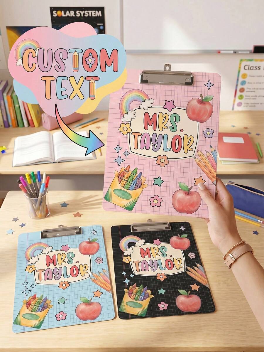 1pc Custom Teacher Clipboard,Personalized Name Pencil Shaped Clipboard,Cute Polka Dot Teacher Appreciation Gift,Rainbow Apple Crayon Pattern,Great For Classroom Office Use,Perfect For Teachers,Tutors Educators,Classroom Use,Lesson Planning - Multicolor - View 1