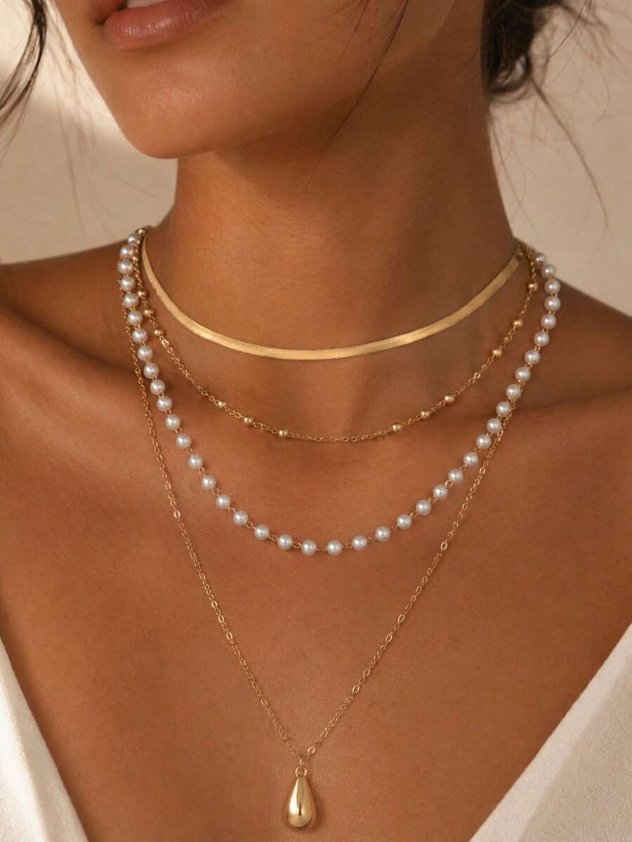 4pcs/Set Kalung Emas Mutiara Imitasi Berlapis-lapis Serbaguna Kasual yang Dapat Ditumpuk, Liontin Tetes Air Modis, Perhiasan Leher Wanita, Cocok untuk Pemakaian Sehari-hari dan Pesta Kencan, Panjang Rantai Dipotong Per Segmen, Tidak Tetap - MultiWarna - View 1
