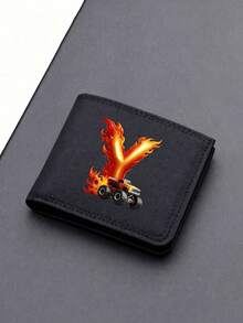 1pc Back To School Mini Cute Cartoon Personalized Fun 26 Excavator Construction Vehicle Flame Letter Print Bifold Wallet, Multiple Card Slots Inside, Can Hold Bank Cards, ID Cards, Cash, Meets Daily Travel Storage Needs. Suitable As Fan Gift, Birthday Small Gift. - Black - View 13
