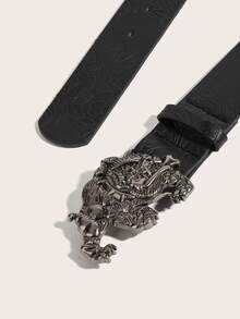 1pc Women's Western Cowgirl Antique Gold Vintage Buckle Printed Leather Belt, Suitable For Daily Wear - Black - View 4
