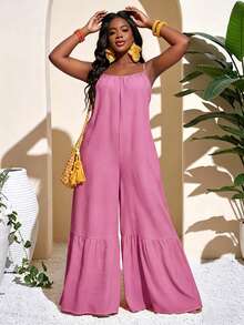 Women's Sleeveless Spaghetti Strap Jumpsuit, Ruffle Hem, Non-Stretch Long Summer Jumpsuit - Pink - View 3