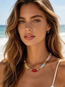 1pc/Bohemian Style Dopamine Color Palette Colorful Rectangular Acrylic Beaded Necklace - Women's Vibrant Collarbone Chain, Suitable For Daily Wear And Vacation, Cute Necklace (Accessory Color Random) - 32745-nek-colour - View 11