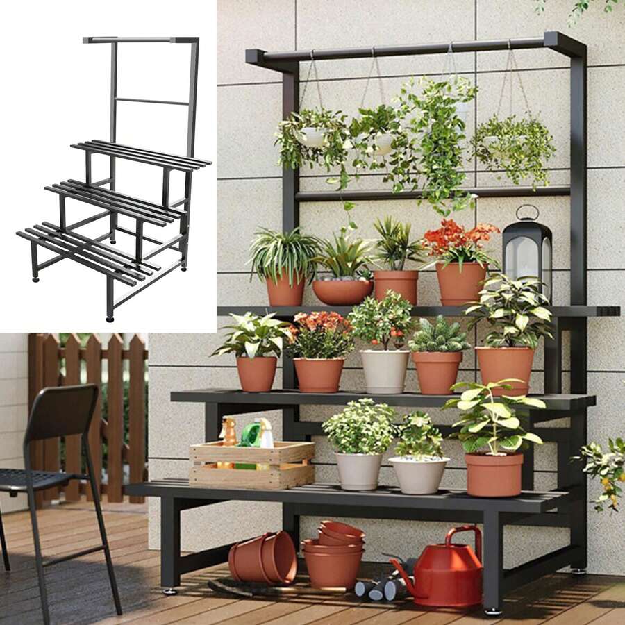 Balcony Flower Rack, Wrought Iron Staircase, Floor Standing Multi Story Succulent Living Room Storage, Outdoor Decoration, Flower Pot Rack - A - View 1