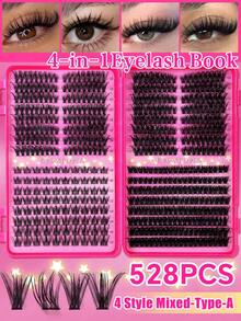 456/528/560/620/610/574 D捲度單段簇裝假睫毛書，大容量顯大眼妝容美睫，柔軟持久蓬鬆濃密簇裝睫毛套組/睫毛書，居家DIY，適合初學者，混款簇裝睫毛 - 玫紅色 - 查看 18
