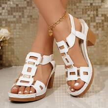 Plus Size Women's Retro Solid Color Buckle Platform Wedge Sandals - White - View 14