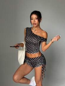 2pcs Polka Dot Pleated Set, Y2K Old Money Style, Women Asymmetric Cold Shoulder Top And Drawstring Side Shorts Sports - Black - View 2