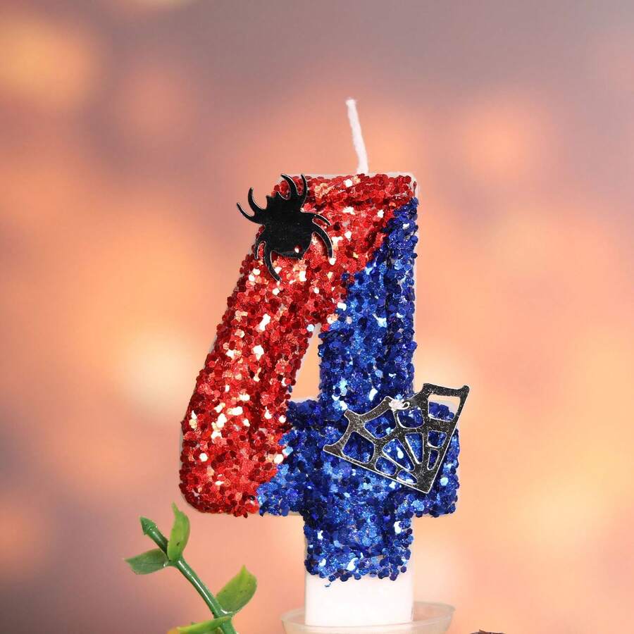 1pc Digital Birthday Candle With Blue & Red Spider Outline, 0-9 Creative New Handmade Candle For 1st Birthday Party Theme Cake Decoration, Atmospheric Birthday Number Candle