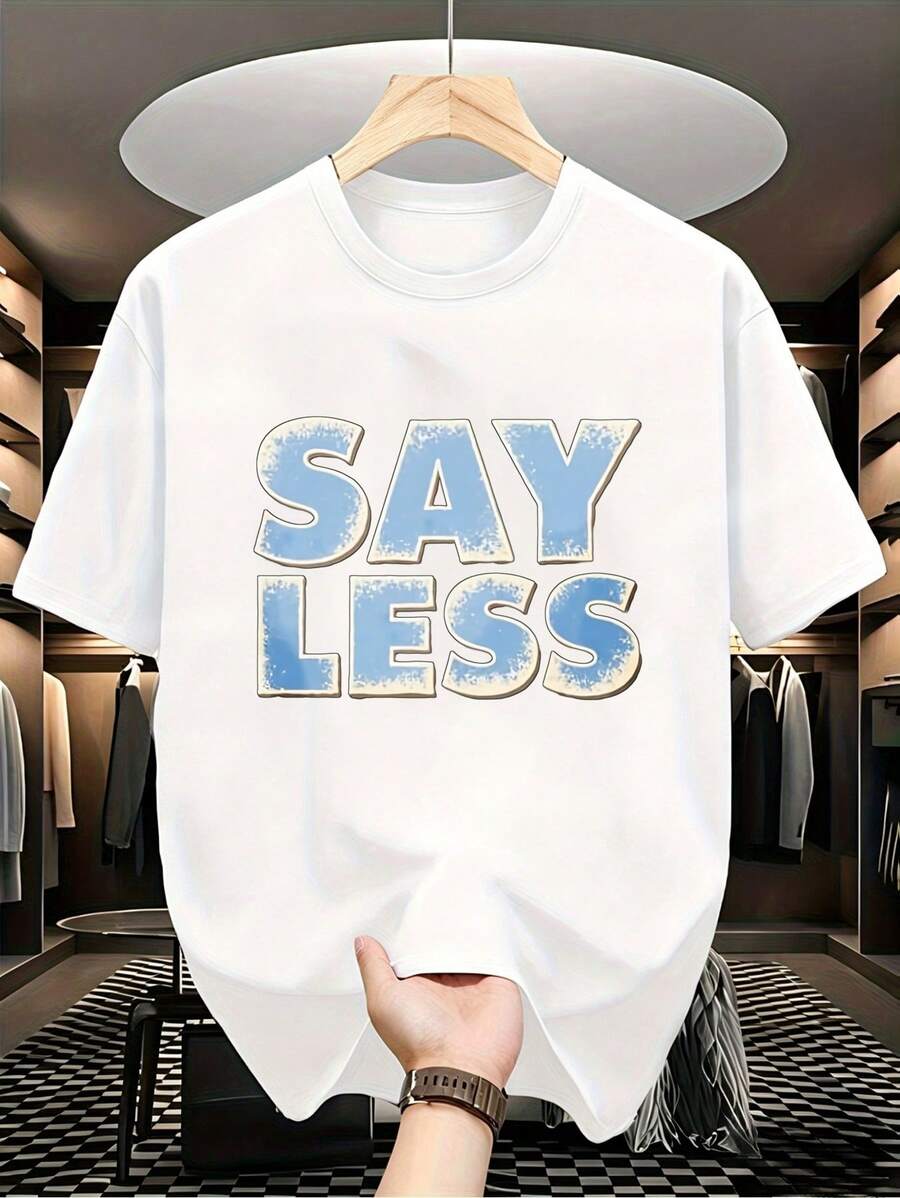 SAY LESS Men's Graphic T-Shirt, Distressed Urban Style With Blue Lettering, Casual Black Crew Neck Short Sleeve T-Shirt, Men's T-Shirts, Women's T-Shirts, Gym - 白色 - 查看 1
