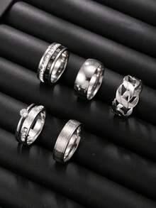 5pcs Minimalist Men's Ring Set, Stainless Steel Hollow Chain Roman Numeral Engraved Rhinestone Double Band Rings, Men's Accessories - 5 Openwork Diamond-encrusted Rings - View 2