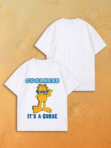 SHEIN | Garfield 女款復古酷感名言卡通圖案寬鬆大尺寸T恤，休閒基礎短袖上衣，適合女孩聚會與日常通勤穿搭 - 白色 - 查看 2