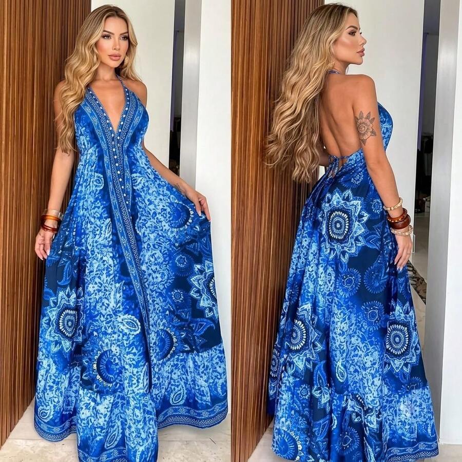 Dress, Random Print, Fabric, Backless / Bare Back, Beach - INTENSE BLUE - View 1