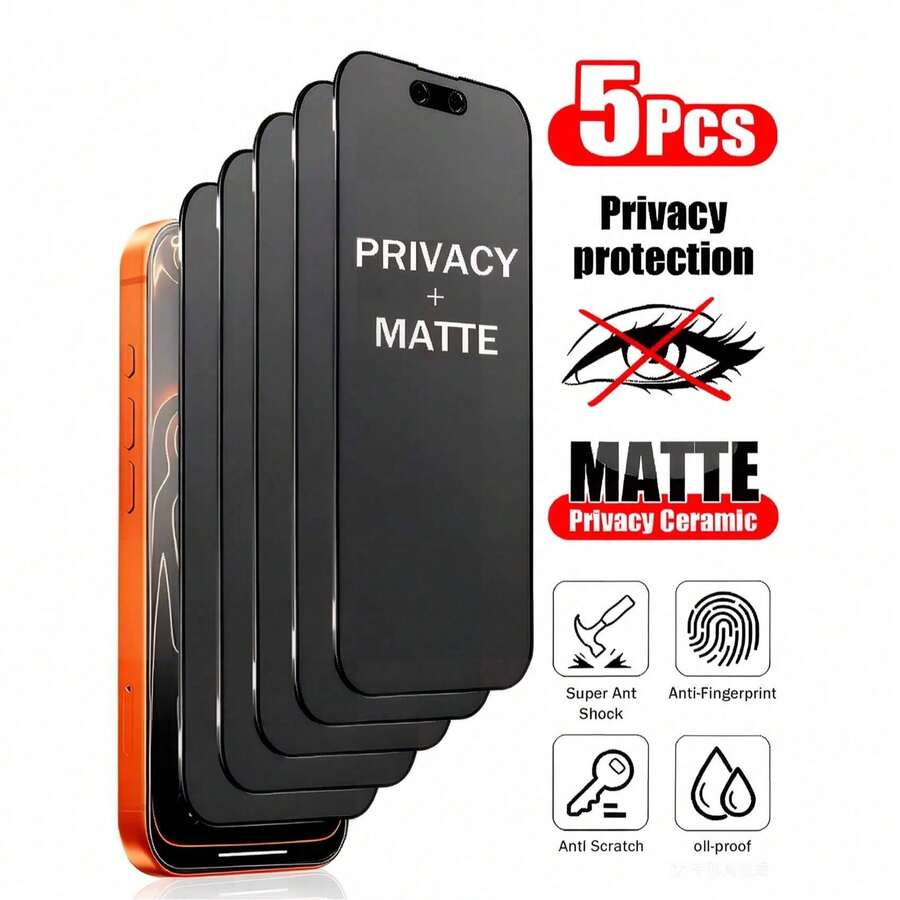 5pcs Matte Anti-Spy Screen Protector, Compatible With Phone Cases, 9H Ceramic Matte Anti-Peeping Screen Protector, Compatible With Iphone 17 Pro Max/17 Air/16 Pro Max/16E/16 Plus/17/15 Pro Max/14/13/12/11/XR/X/XS/7/8 - Black - View 1