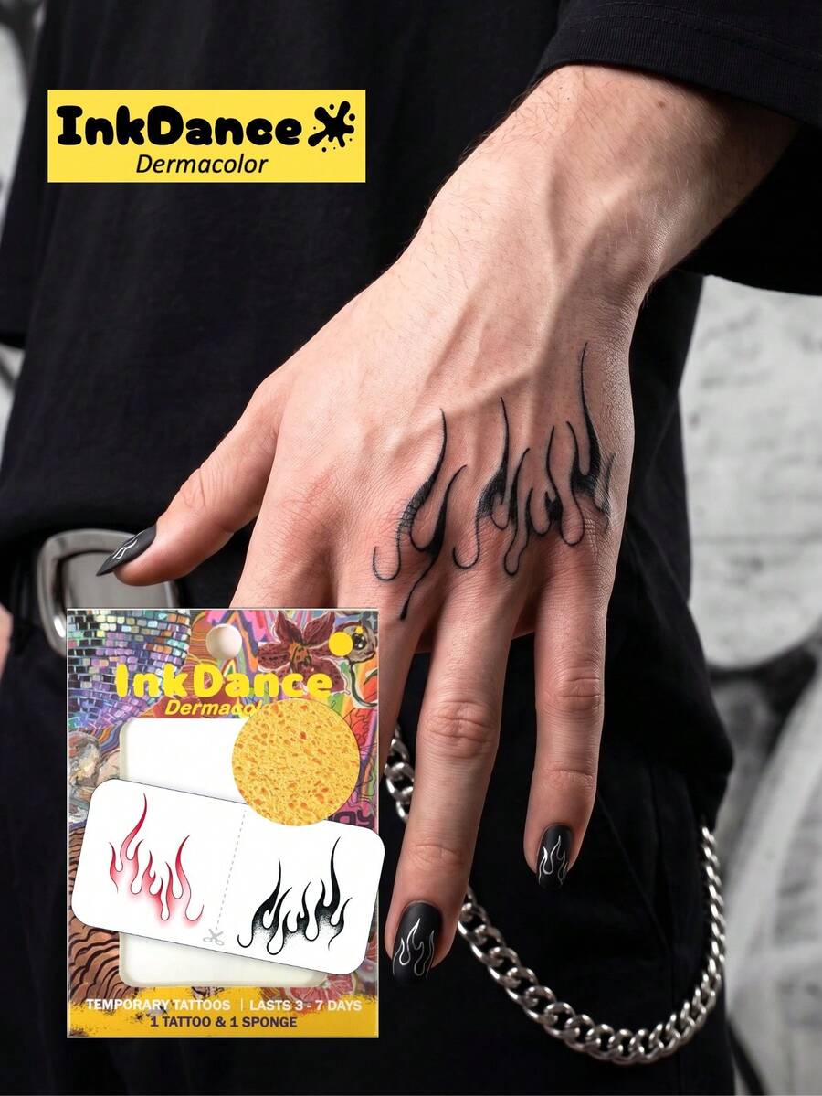 1 Kit "Red & Black Flame" Temporary Tattoos, Cyberpunk Gothic Y2K Fake Tattoos, Waterproof, Authentic Tattoo Look, Colorful, Easy To Apply And Remove CSX050 - Multicolor - View 1