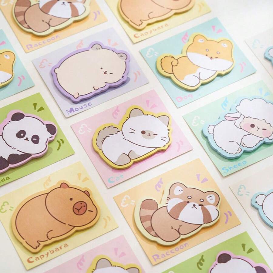 Cartoon Animal Shaped Sticky Notes, Multiple Cute Patterns, Thick Paper No Bleed Through, Moderate Adhesion. Suitable For Notes, Bullet Journal, Memo, Macaron Soft Background Color, Student And Office Use, Cute And Practical. School Supplies - A - View 1