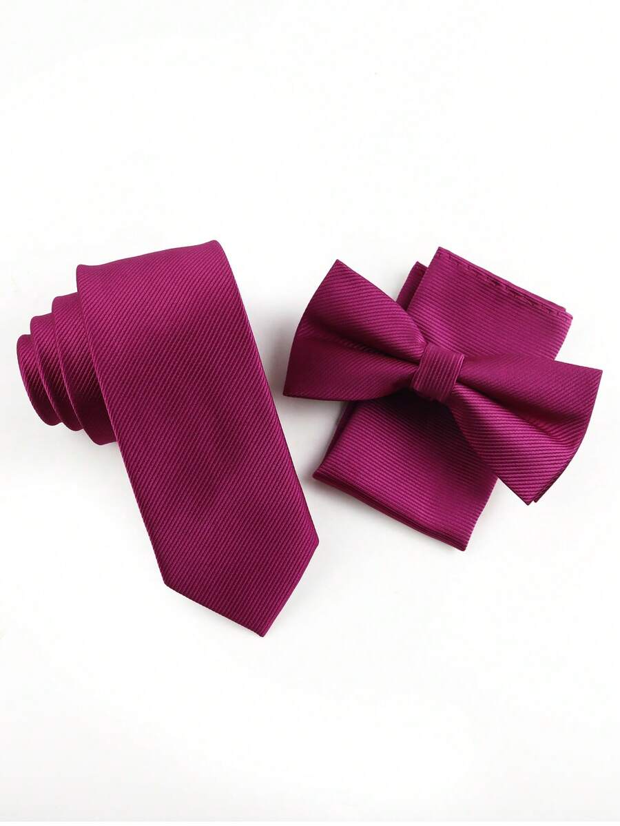 ZONFAZ 3pcs Men's Rose Red Ribbed Tie Set, 1pc 6cm Tie, 1pc Pocket Square, 1pc Bow Tie, Suitable For Groom Wedding, Party And Daily Work Wear - Hot Pink - View 1