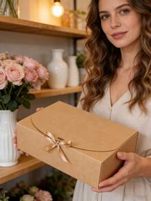 4pcs Kraft Paper Gift Box With Lid & Ribbon Closure - Large Vintage Folding Gift Box For Candles, Soaps & Journals, -Friends Presentation Box For Wedding, Party & Home Decor - Camel - View 2
