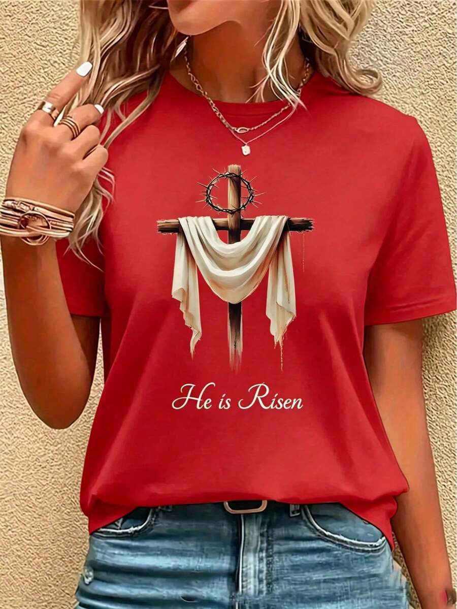 ropa de mujer Camiseta Versátil para Mujer con Patrón Religioso Blanco - Diseño de Cruz de Jesús con Texto "Él ha Resucitado", Top Elástico para - Rojo - Ver 1