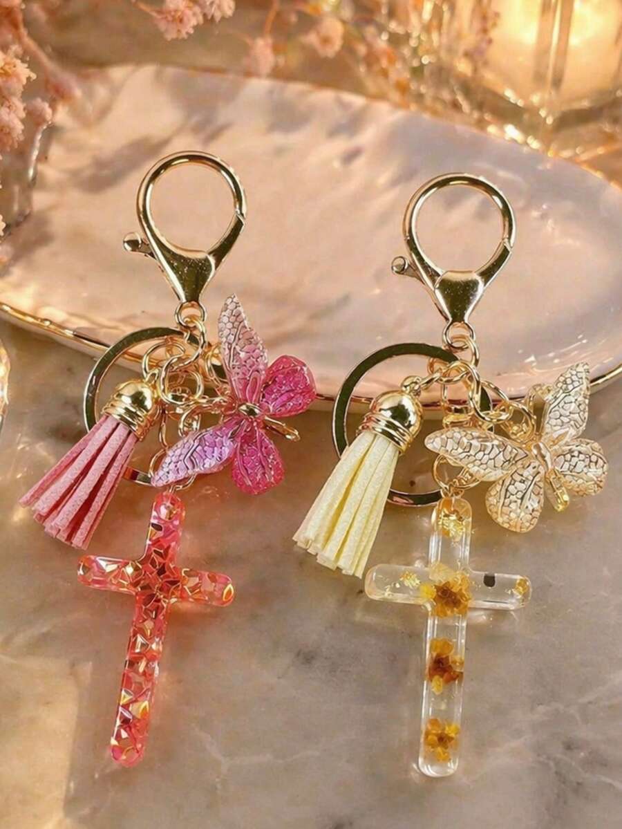 1個鋅合金樹脂十字架鑰匙圈,附蝴蝶吊墜與流蘇,亮片/真花鑲嵌,包包與鑰匙裝飾,節日與畢業禮物 - 彩色 - 查看 1